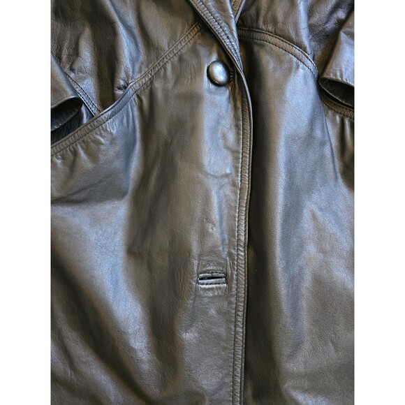 VTG Express Black Leather Trench Coat Shoulder Pads Petite SZ 12? MISSING BUTTON - Picture 7 of 12